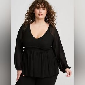 Torrid Blouson Sleeve Mesh Babydoll Top Size 0 L Black Slimming Flowy